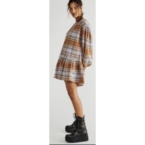 Free People  Mini Tunic Oversized Dress Women Alexa Blue Plaid Boho Medium New - Picture 1 of 14